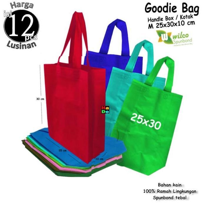 1 Lusin 12pcs Tas Kain Spunbond Goodie bag Handle Box Kotak 25x30x10cm
