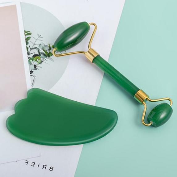 Gua Sha Wajah dan Roller set 2 in 1 Original dari Batu Asli -  Alat Pijat Simetris Perawatan Kecanti