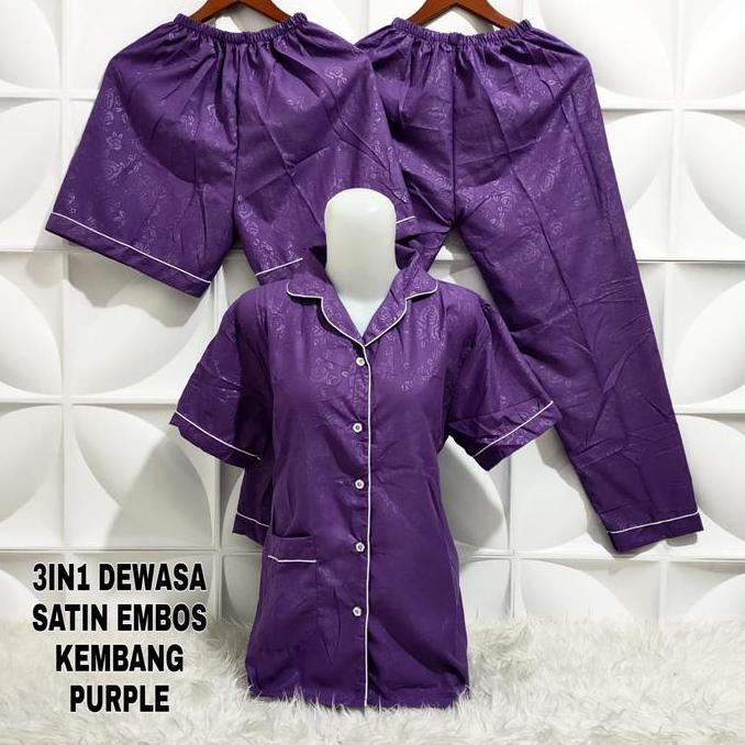 Terbaru Baju Tidur Wanita Dewasa Piyama Dewasa 3In1 Satin Embos Ukuran M, L, Xl, Xxl/Jumbo Celana Pa