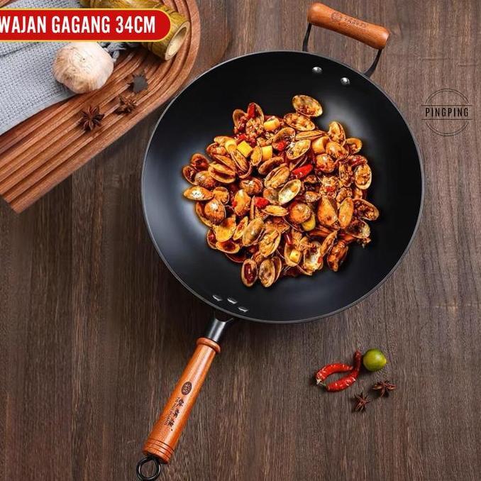 Wajan Besi Siap Pakai / Wajan Besi Nitrede Tidak Lengket / Wajan Gagang Kayu / Wajan Penggorengan Wo