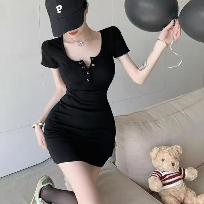 AI40 - Mini Dres button bodycon / Dres wanita korea style Casual Panjang Santai Pendek Gaun Hitam Ny