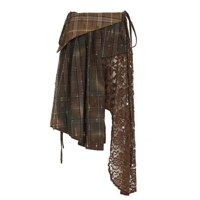 [HEYSOUL] Rok Asimetris Boho Edgy Vintage Lace Kotak-Kotak Gaya Artsy Grunge Elegan | Layered | Rok 