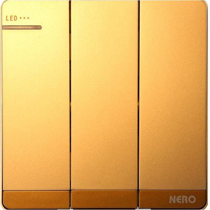 Saklar triple LED decora gold nero. Saklar triple isi 3 lampu LED nero ready