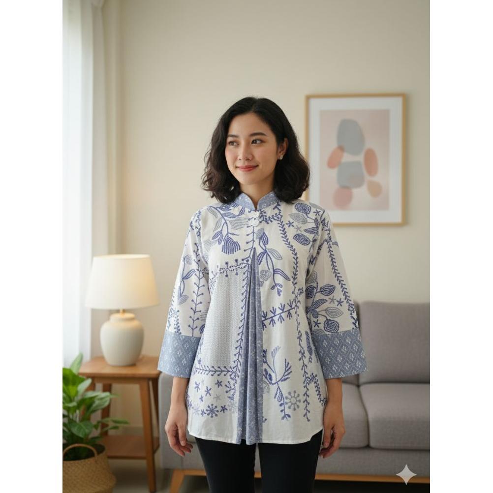 Termurah  Blouse Batik Kerah Sanghay//Batik Motif Bordir//Seragam Batik Kantor//Atasan Wanita//Batik