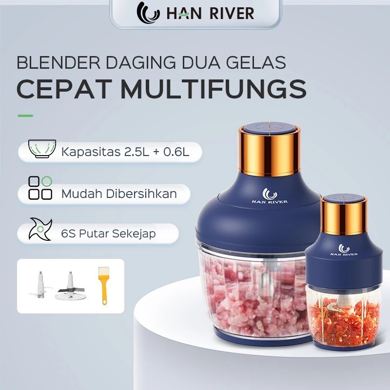 Han River Blender Daging Serbaguna2L+0.5L Dua Cangkir+Dua Set Pisau Stainless Steel Food Chopper Ser