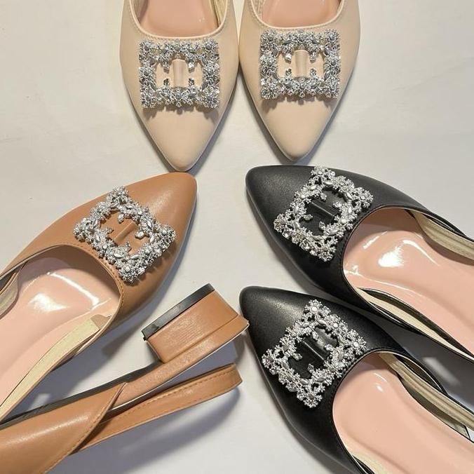 DV237 >> Fladeo Sandal Perempuan Heels Selop Mewah Tali Belakang Kotak Mewah Shoes Wanita Sendal Kar