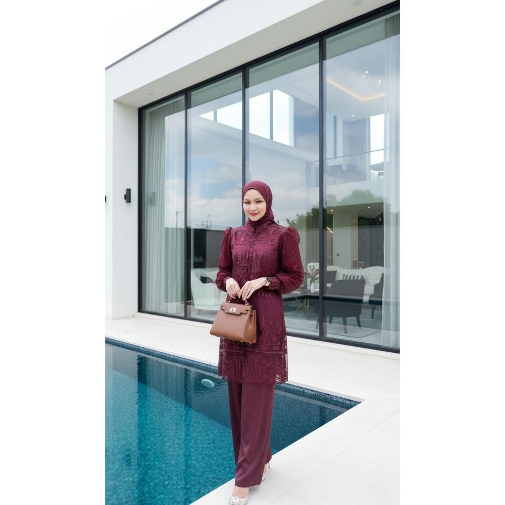 Cuci Gudang Gyo Premium Inner Outer Burgundy Setelan Wanita Sakura One Set Motif Tile Brokat Tunik P