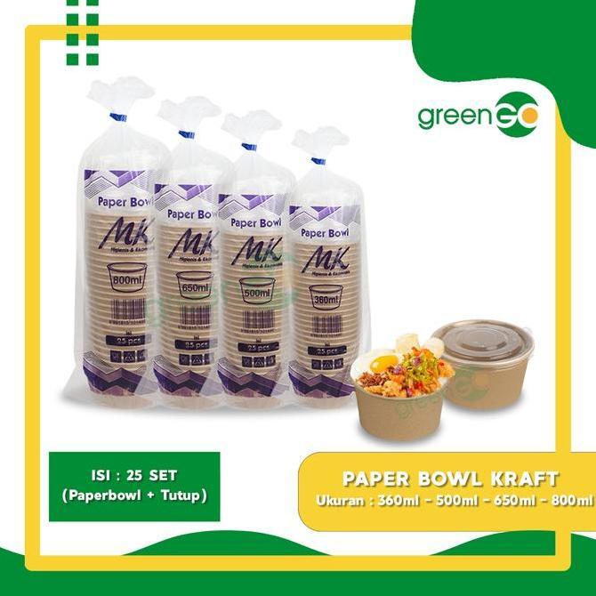 Paper Bowl Kraft 360 Ml - 500 Ml - 650 Ml - 800 Ml Isi 25 Set Paper Bowl + Tutup Paper Bowl Coklat P