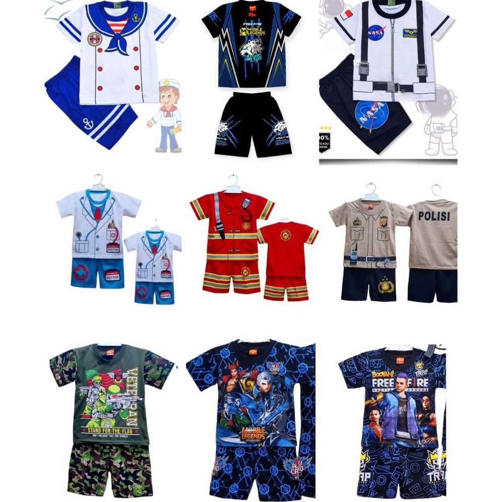 Grade Ori Setelan Baju Anak Profesi Damkar Polisi Tentara Dokter Supir Baju Santai Anak Dinosaurus U