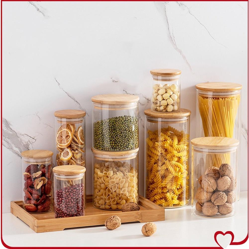 Toples Bumbu Kaca Tutup Kayu Toples Kue 3 Set Kaca Sealed Tank / Tempat Cemilan Tutup Kayu