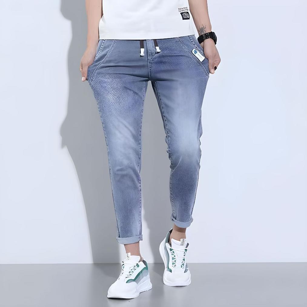 NEW Celana jeans pria panjang karet korean style slimfit stretch biru muda pensil original cowok dew