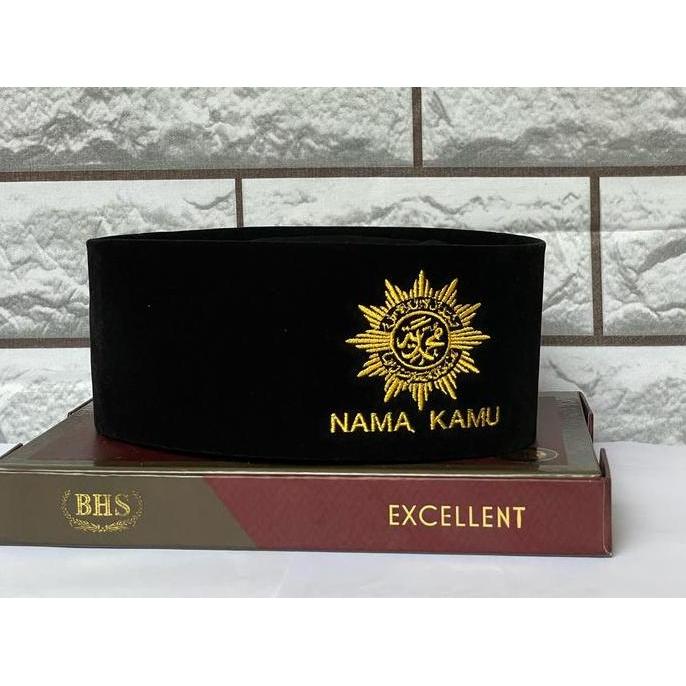 Termurah / Hot Sale Peci + Nama - Peci Logo Muhammadiyah Gold - Bisa Pake Nama - Peci Hitam Ukuran 1