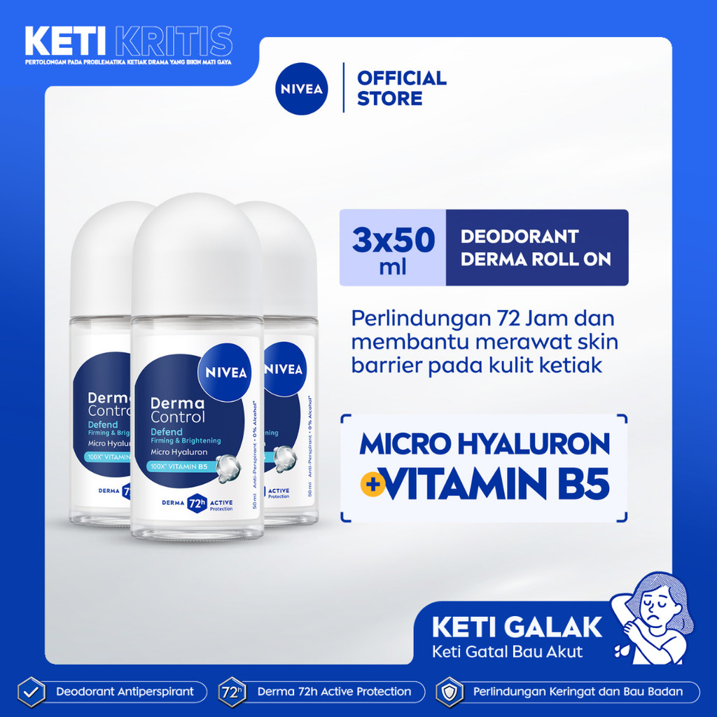 (PAKET HEMAT ISI 3) NIVEA Deodorant Roll On Derma Control Defend 50ml - Deodoran wanita skin barrier