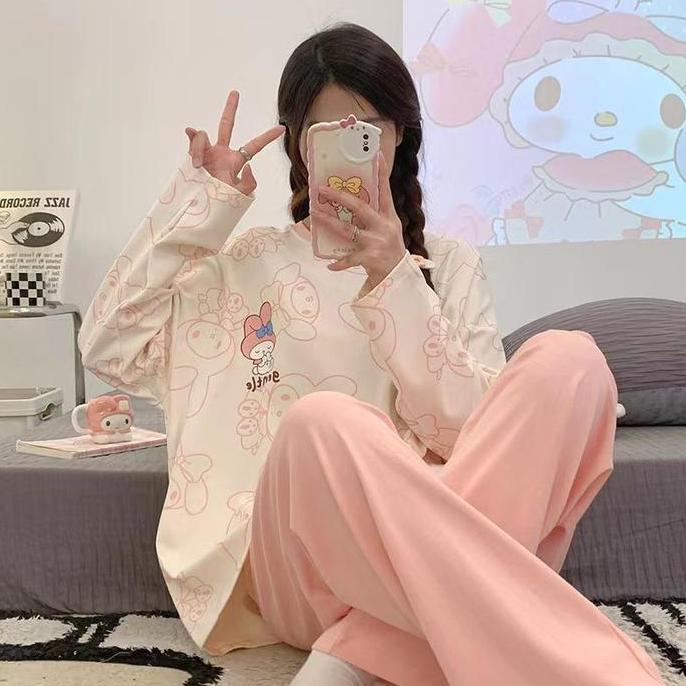 Ready stock DW-47PP Baju Tidur Wanita Bahan Kaos Premium Celana Panjang Motif Lembut Size M L XL XXL
