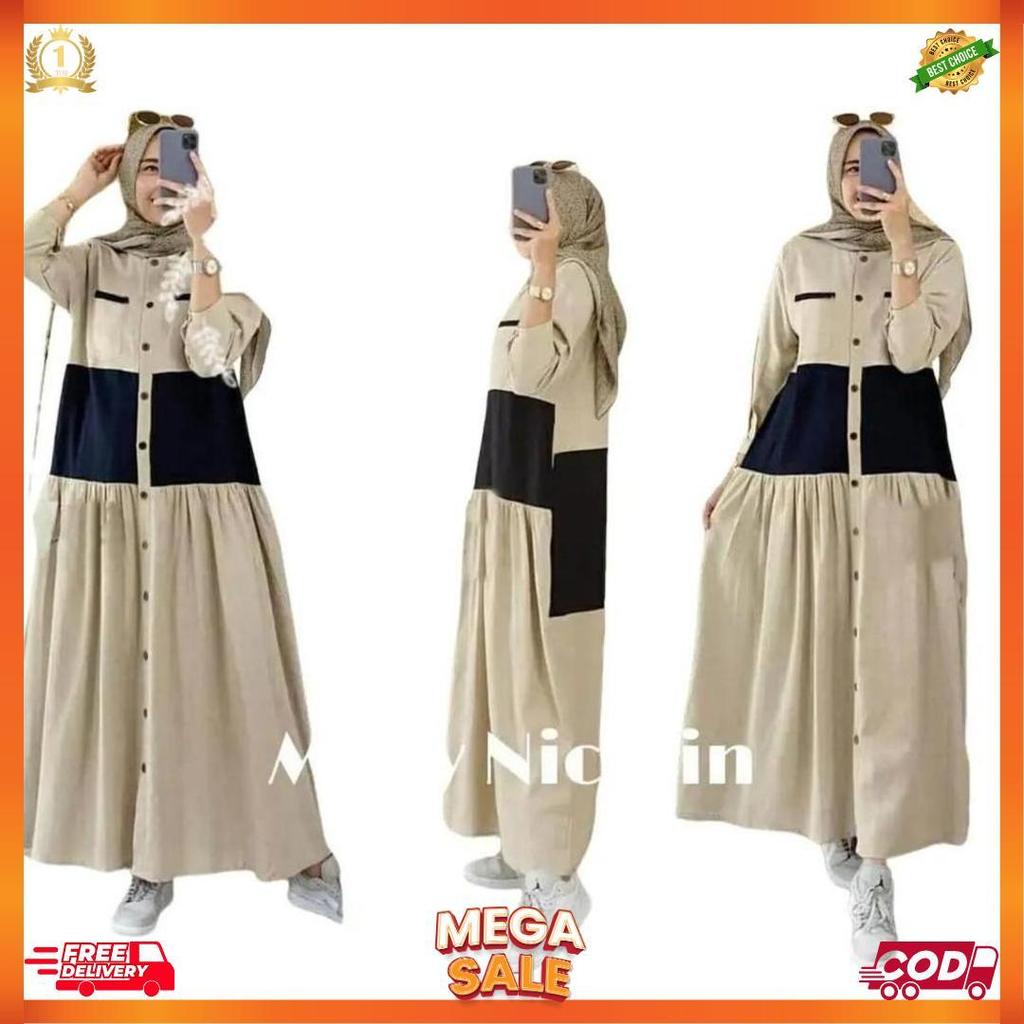 Gamis Perempuan Midi Dress Lebaran Fuul Kancing Tangan Panjang Nicolin Teta Terviral Terbaru Baju Wa