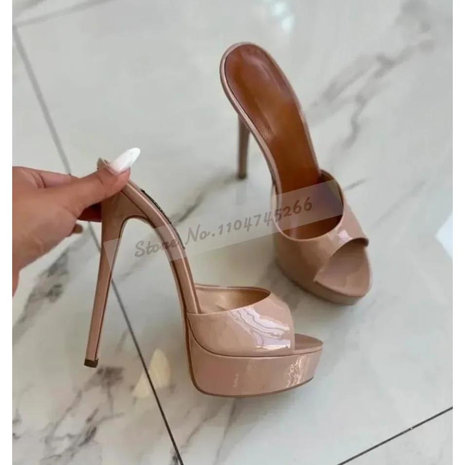 Nude White Shiny Patent Leather Modern Slippers Stiletto Heel Platform Dress Mules Slip-On Open Toe 