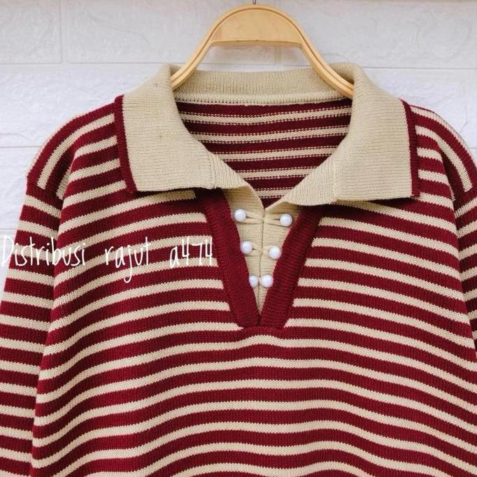 MD13 - OZAWA POLO SWEATER RAJUT MOTIF STRIPE WANITA LENGAN PANJANG Outer Salur Nyaman