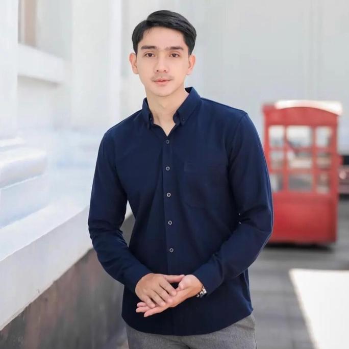 u_umbrellass - aljosa kemeja pria polos navy biru dongker lengan panjang kerja kantor slimfit baju c