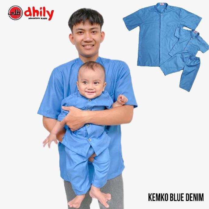 Promo- Dhily Kemeja Koko Couple Ayah Anak Biru Denim | Koko Bayi, Koko Anak 1 Set Katun