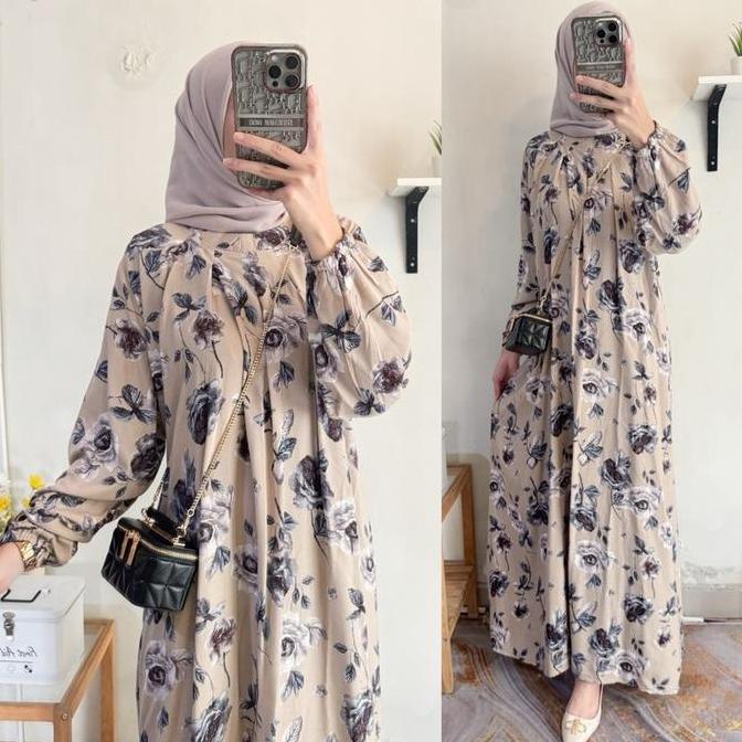 Rosalia Dres Gamis Rayon Motif Bunga Kekinian Rayon Diamond