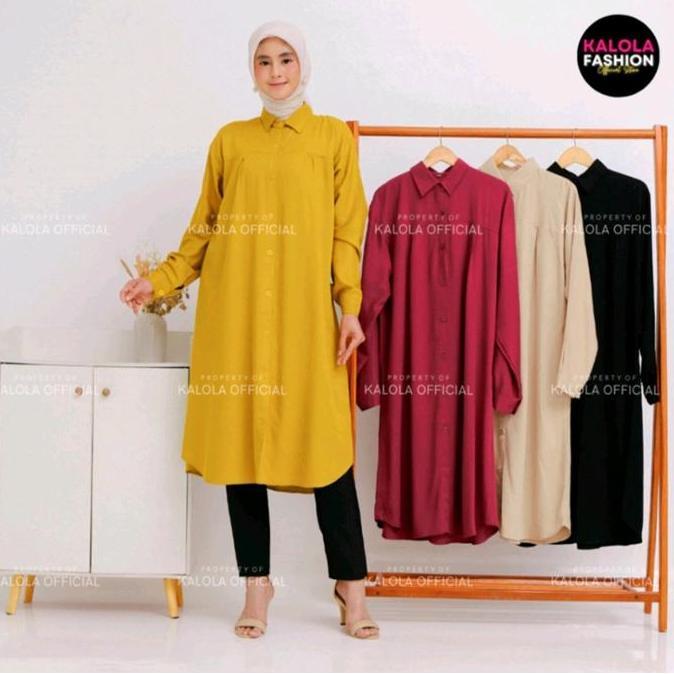 Kalola Tunik Rayon Twill Kemeja Polos Wanita Kekinian Tunik Polos Kancing Depan Belakang Variasi Ata