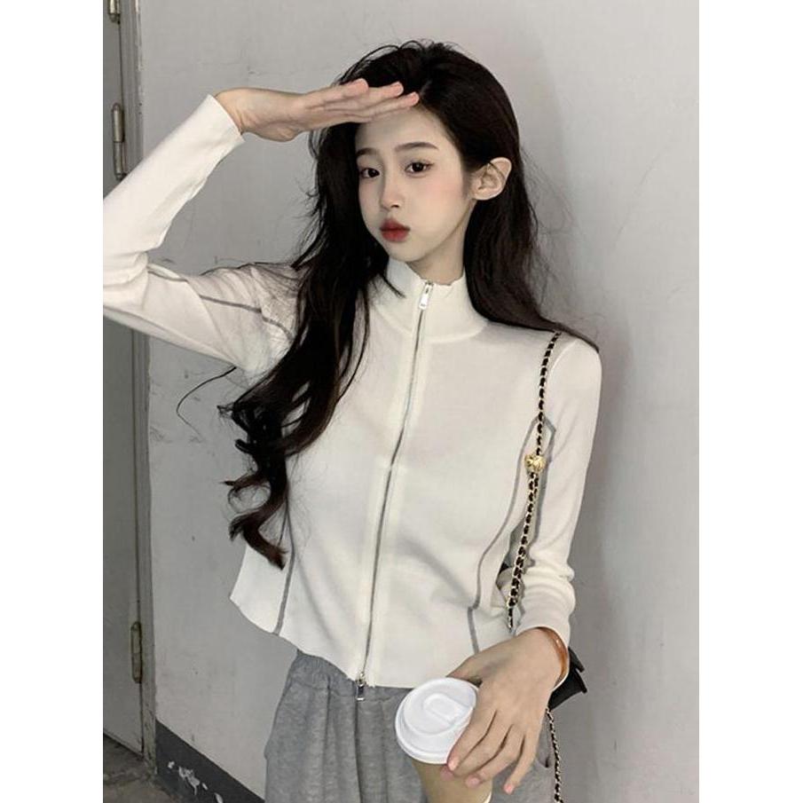 Momi- Ajw [Wbh] Jaket Vintage Zipper Knit Premium | Atasan Wanita Monochrome Resleting Jaket Rajut |