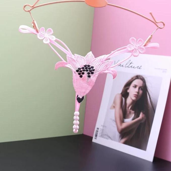 Wokpu- Celana Dalam Wanita Sexy G String Mutiara Lace Bordir Bunga Thong C229