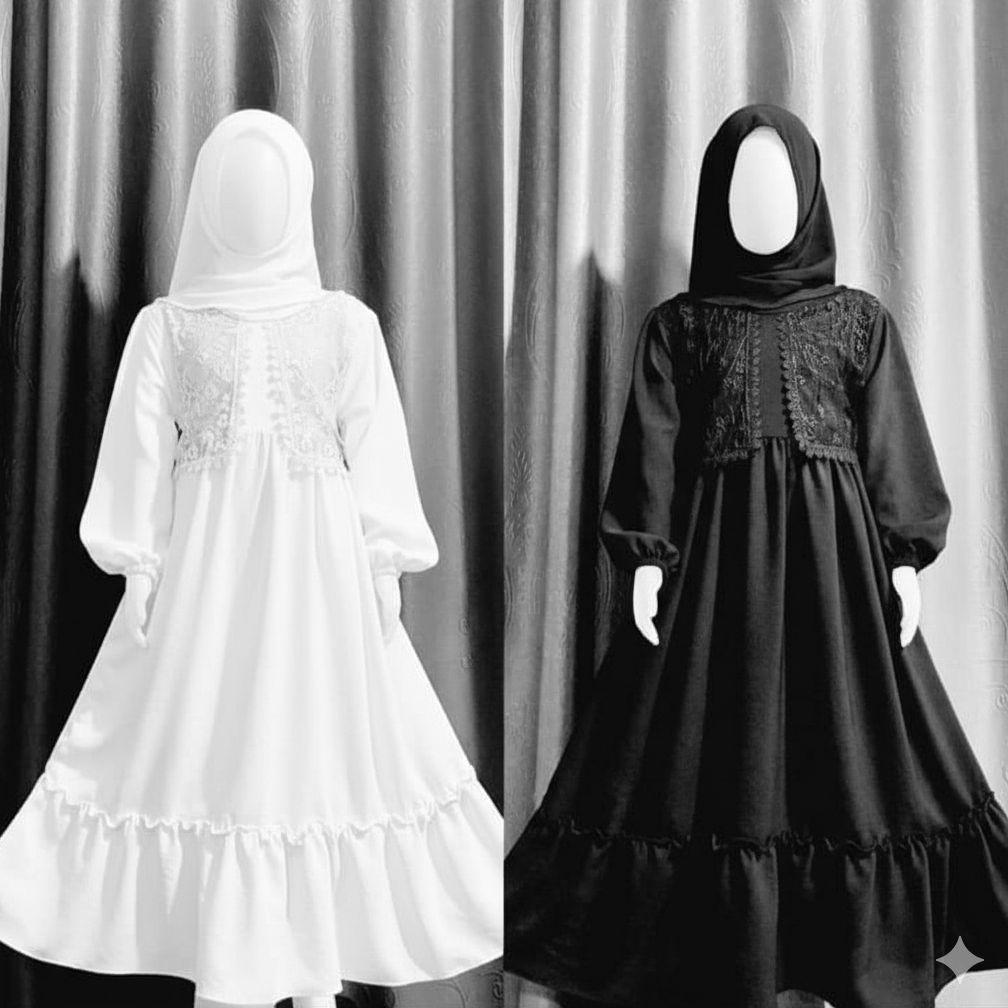 FREE ONGKIR GAMIS MUSLIM ANAK PEREMPUAN BAHAN KRINGKEL MIX  RENDA DADA ,KHUSUS WARNA HITAM DAN PUTIH