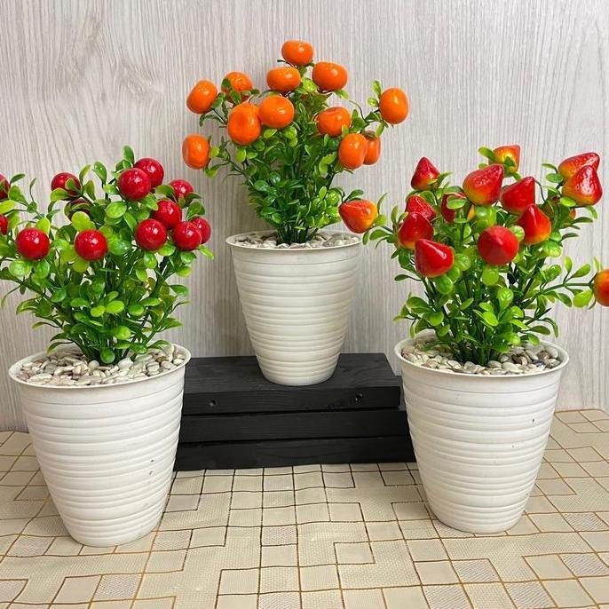 Kantowi- Bonsai Buah Foam Cod 35K Dengan Pot Plastik Dekorasi Ruangan - 6 Cabang, 3 Buah Per Cabang,