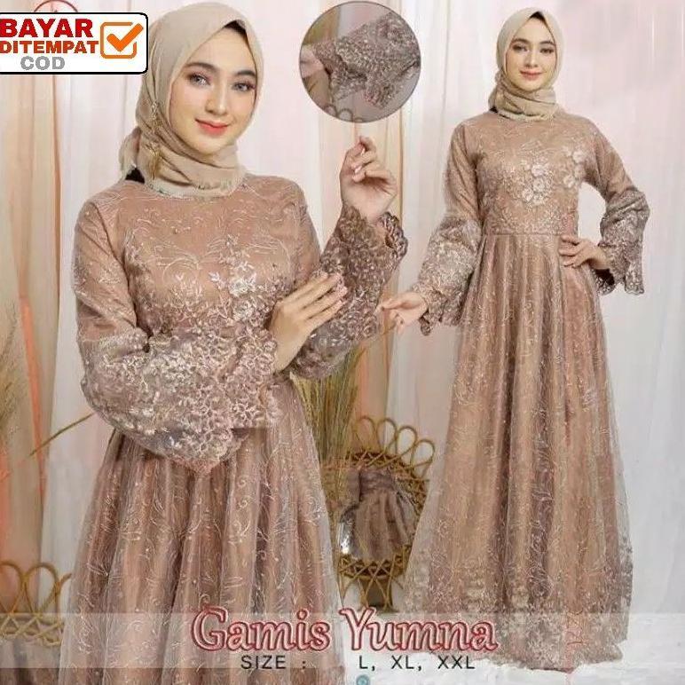 Size L XL XXL / Gamis Pesta / Gamis Jumbo / Maxi Dress / Gamis Tile / Gamis Maxi Brokat Yumna