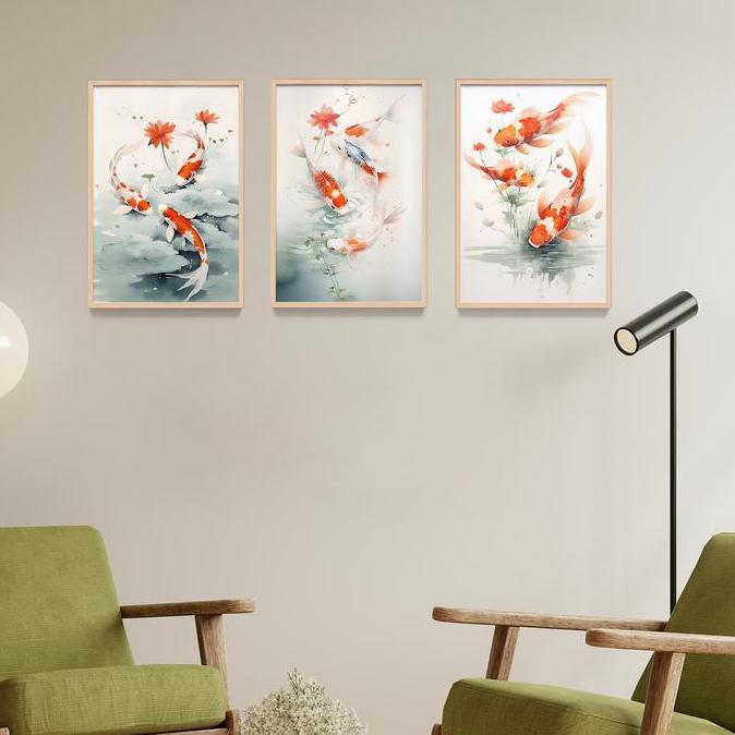 Lukisan Poster Print Ikan Koi frame kayu, dekorasi dinding kamar rumah ZER