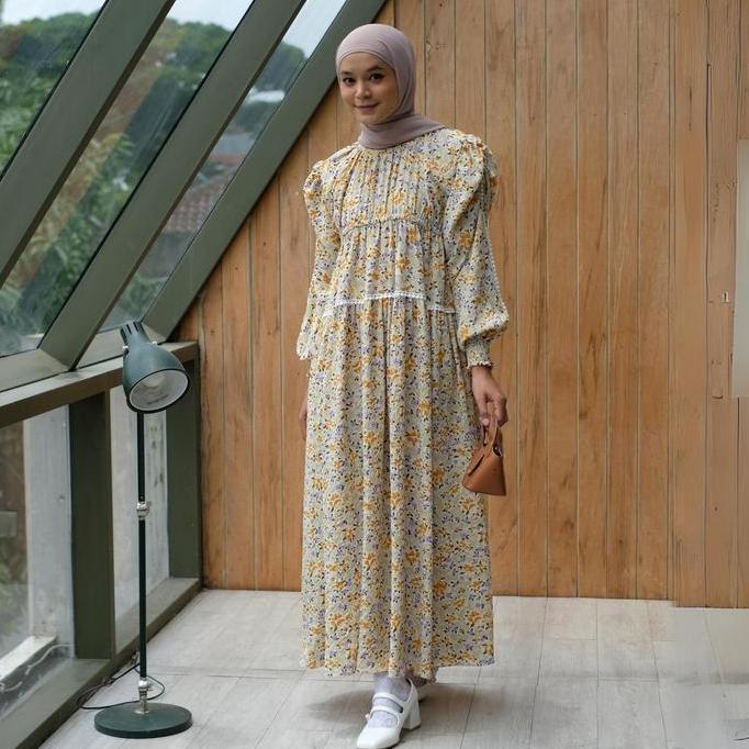Eclemix Dress Euna | Baju Wanita Vintage Motif Bunga | Gamis Wanita Lengan Kerut (TERBAIK) (TERBARU)