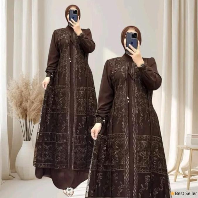 Murah DAVINA DRESS Baju Gamis Melayu Ceruty Babydoll Brukat Etnik Malika Terbaru 2026 Warna Burgundy