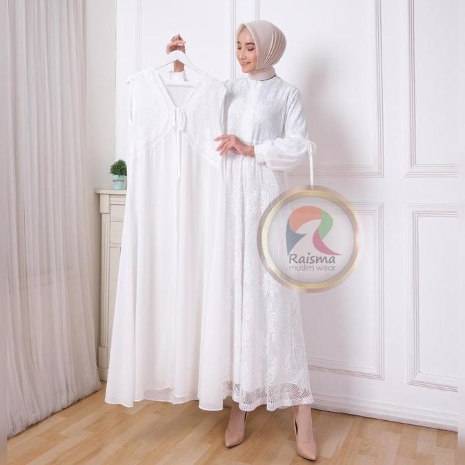 Murah Raisma - Laila Gamis Syar'i Wanita Putih Tulang Lebaran Cantik Dan Elegan Whit Outwear Brokat 