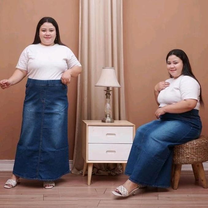 Willply Rok Jeans Panjang Jumbo-Rok Panjang Wanita Pinggang Full Karet / Rok A-Line Panjang Melar Te