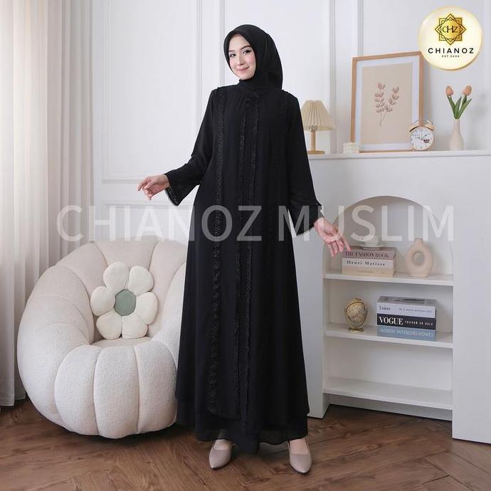 Murah CHIANOZ Gamis Putih Mewah Azkia Dress Brukat Renda Baju Lebaran Umroh Haji Maxi Syari Ceruty M