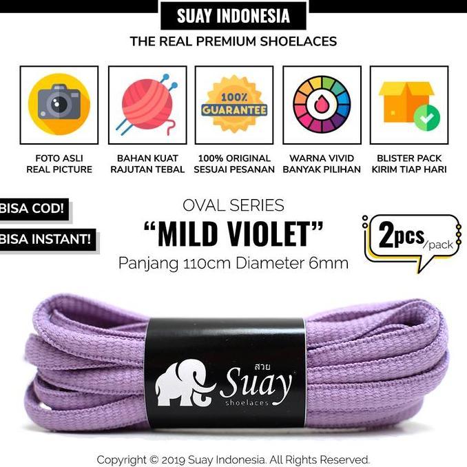 SUAY Tali Sepatu Semi Bulat (OVAL) Warna Ungu Muda Mild Violet - Panjang 110cm Lebar 6mm (TERBAIK) (