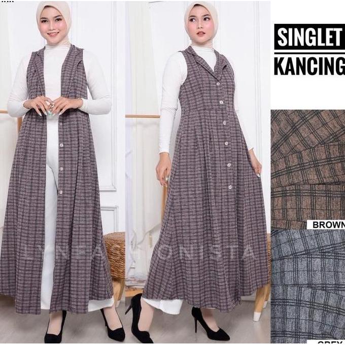 Long Cardigan Outer Wanita Fashion Muslimah Kancing Hidup Motif Tartan Kotak/Izora