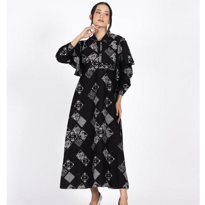 BATIK TRUSMI Dress Batik Wanita Gamis Batik Mega Mendung Kombinasi Model Cape Katun Muslim Panjang K