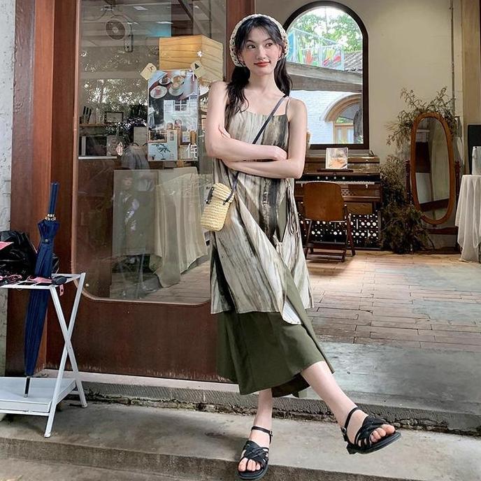 Moria QZ267 Tanktop Dress Panjang Bali Daster Retro Style Tie Dye Low Collar Suspender Dress Elegant