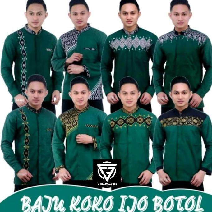 DISKON Baju Koko Pria Muslim Hijau Botol Bordir DISKON
