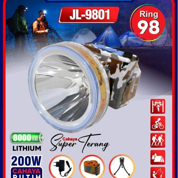 Promo Senter Kepala Jinlong 200 Watt Body Loreng Jl-9801 Waterproof Cahaya Putih Bonus Tripod Mini