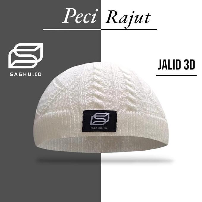 WANIMAYUR - PECI JALID3D RAJUT HANDMADE TEBAL BEANIE PRIA SAGHU.ID MUSLIM KOPIAH SONGKOK MOTIF HITAM
