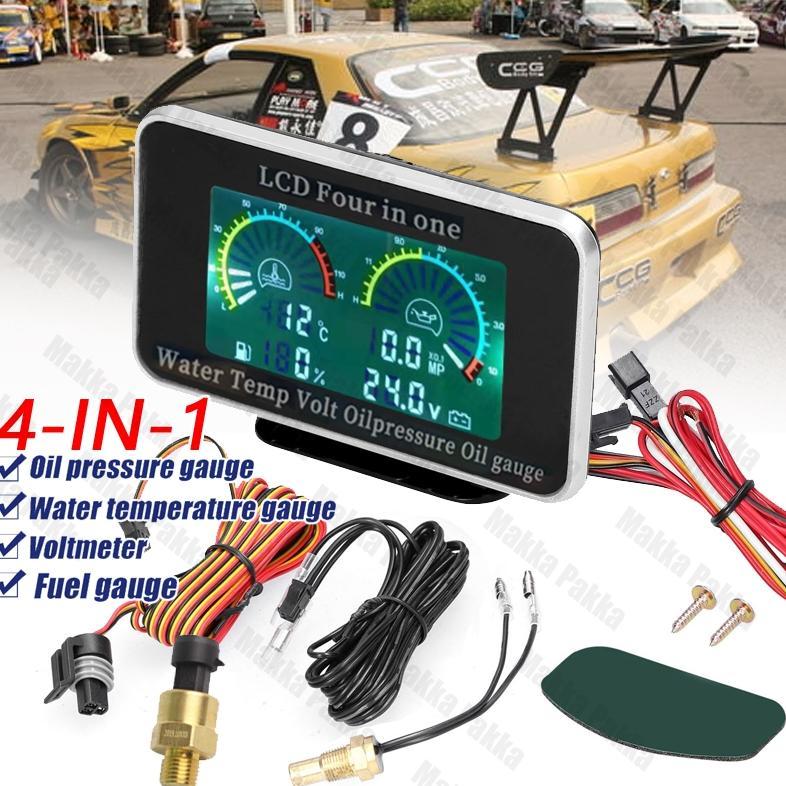 4 in 1 Pengukur Bahan Bakar Suhu Air Tekanan Minyak Pengukur Digital LCD Mobil Car LCD Digital Meter
