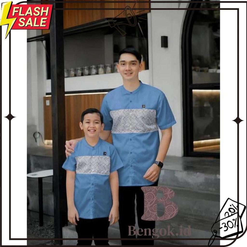 Baju Koko Lengan Pendek Couple Motif Kombinasi Batik Warna Hitam  Couple Ayah Dan Anak Premium Warna