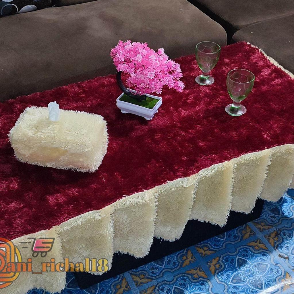 Taplak Meja Kaca Ruang Tamu Bulu Rasfur / Taplak Meja Rumbai Kombinasi / Taplak Meja Ruang Tamu Rumb