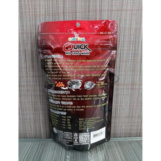 OKIKO QUICK RED HEAD MARK 100 GRAM PAKAN PELET IKAN LOUHAN HIAS (TERBAIK) (TERBARU) (TERMURAH)