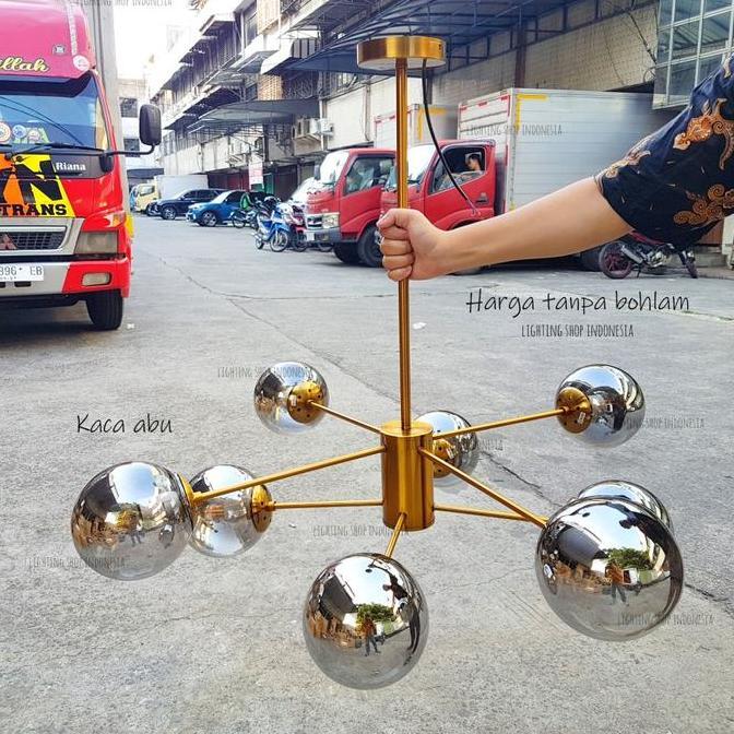 Lampu gantung grey 8 lampu gold modern kaca teh abu ruang kamar