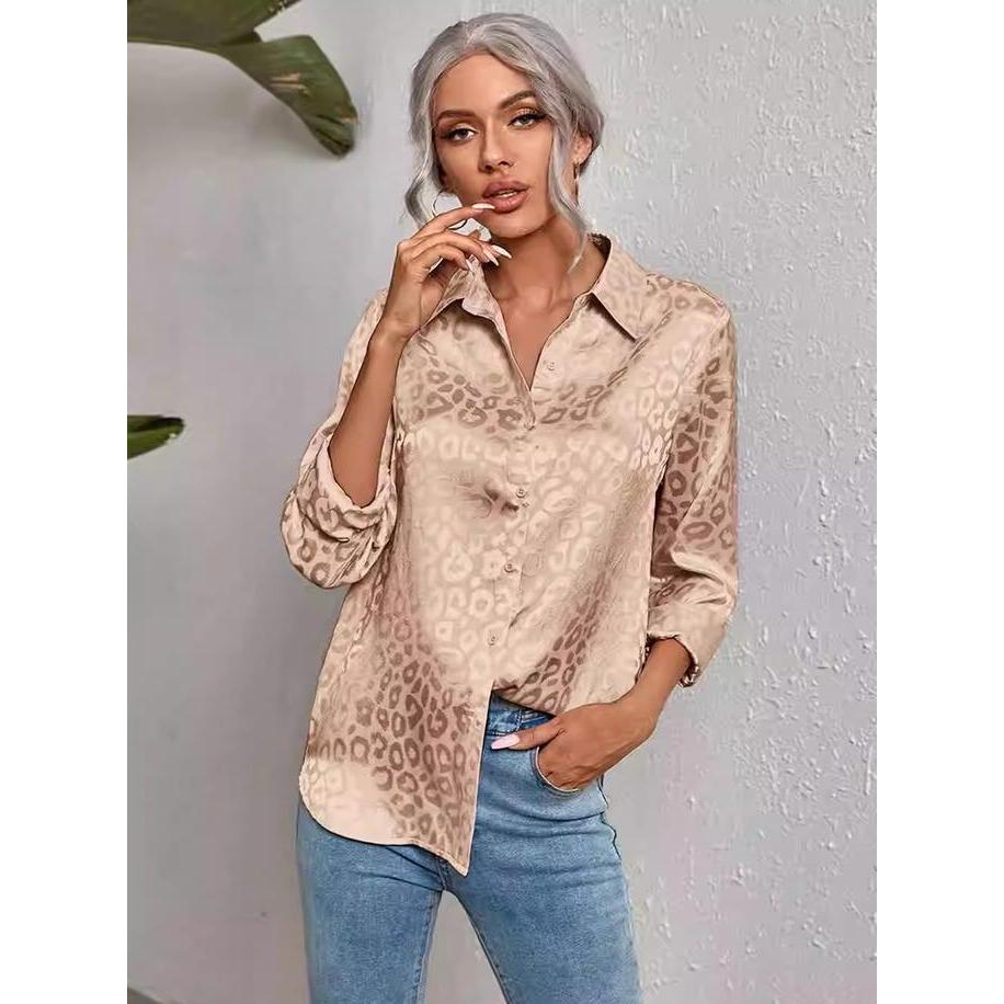 99029 Kemeja wanita satin enam warna, motif macan tutul tiga dimensi, atasan panjang Muslim longgar,