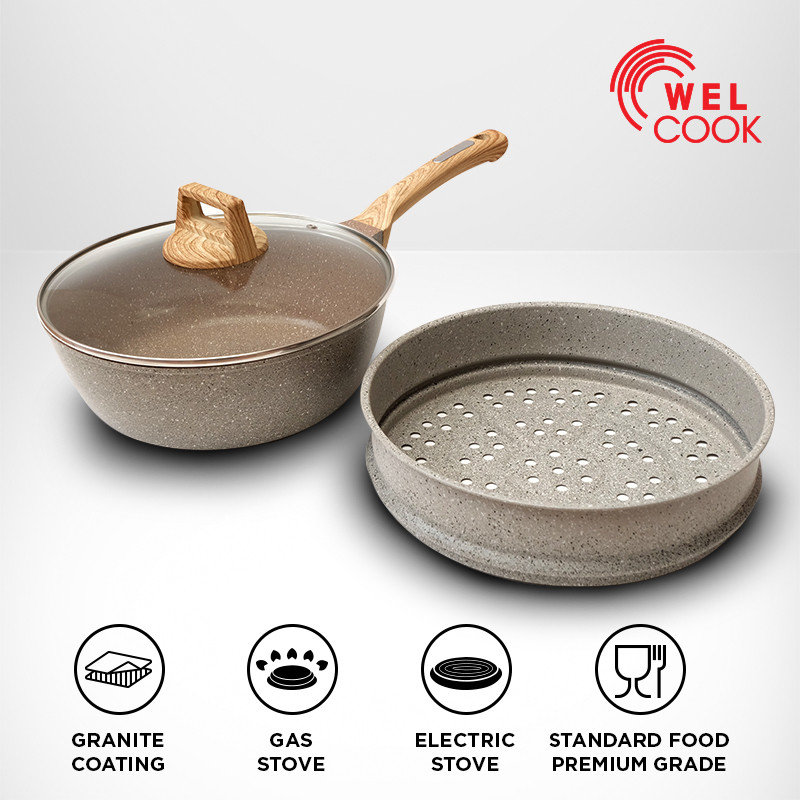 Welcook Elegante Panci Granite Wok Anti Lengket Dengan Tutup Dan Kukusan 26 Cm